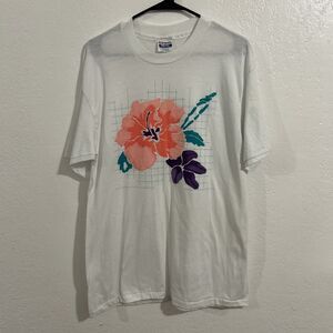 Vintage Hibiscus Flower Graphic Shirt Mens Medium White Hanes Fifty-Fifty 80s